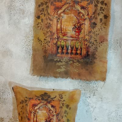 Fabric tapestry tableau set with cushion