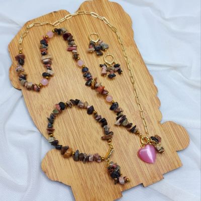 A set including a necklace, earrings, and a bracelet, made from broken agate stones