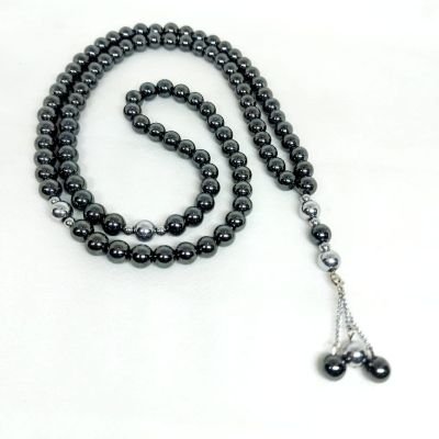 A 99-bead prayer necklace made from hematite stones.