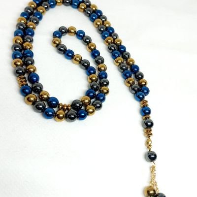 A 99-bead prayer necklace made from hematite stones.