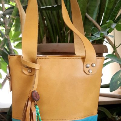 Leather Women Teal and Yellow Tote Bag