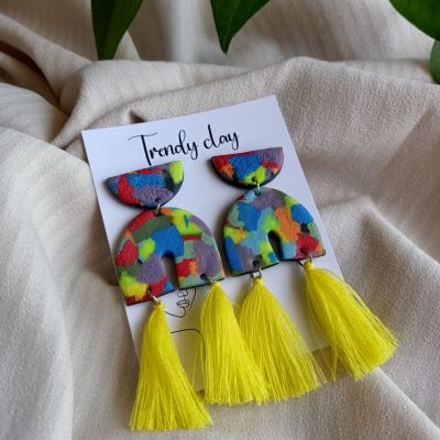 Colorful marble tassel yellow dangle earrings polymer Clay 💛💛💛