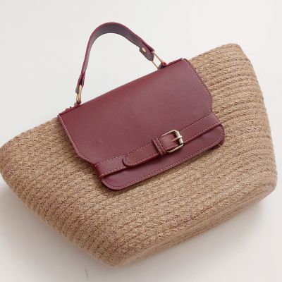 Jute and leather cross body bag dark red 