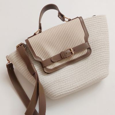  Cotton rope eco-friendly cross body bag with leather off-white 