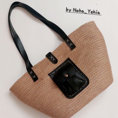  Jute cotton rope beach bag black with leather pocket 