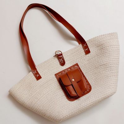  Cotton rope eco-friendly beach bag with leather off-white 