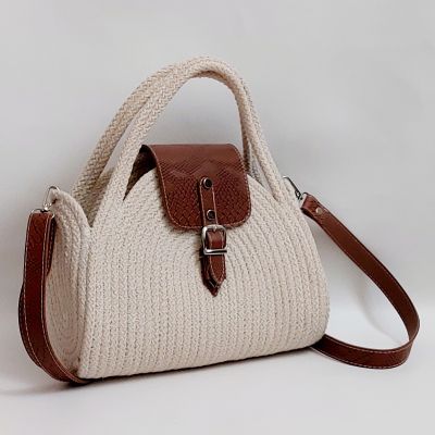  Cotton rope eco-friendly cross body bag with leather off-white 