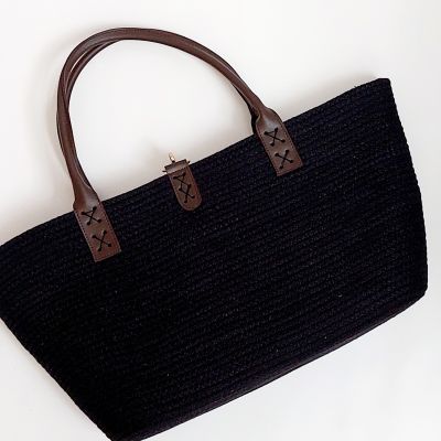   cotton rope shoulder bag black with leather handles 