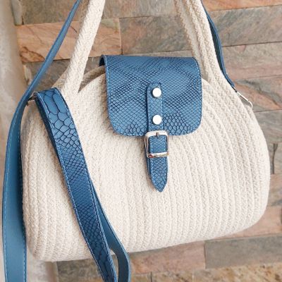  Cotton rope eco-friendly cross body bag with leather off-white and blue 