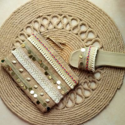 Burlap clutch and slipper set