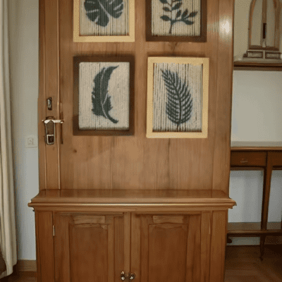 Handmade wooden frame with macrame strings 