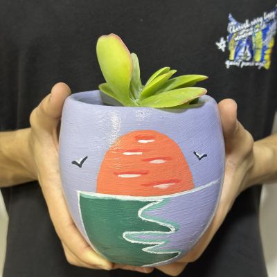 A plant pot with your name and sunset