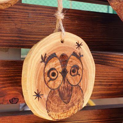 Owl in A Starry Night - Hand-burned Tree Slice