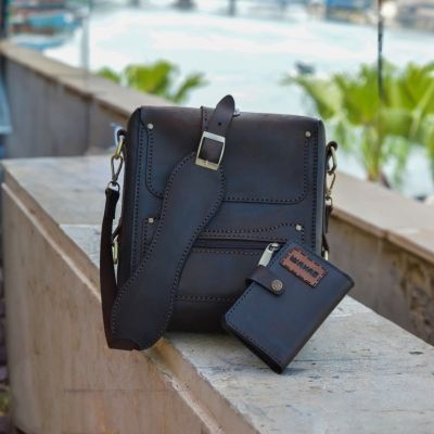 Handmade men's cross bag made of natural leather