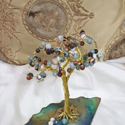 Handmade tree with gemstones and resin base💙🧡💚