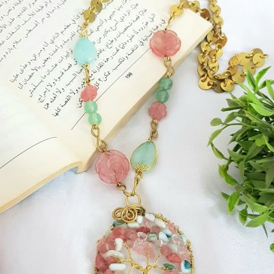 A colourful handmade necklace from copper and gemstones 💚💚🌸🌸