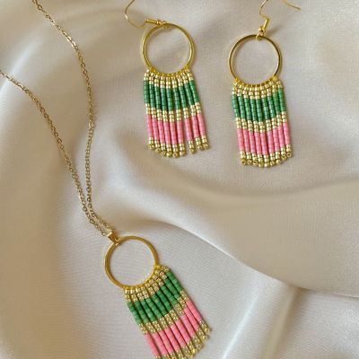 Fringe Earrings ( SET ) Green x Pink