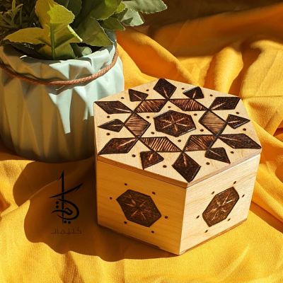 Star Design - Hand-Burned Hexagon Wooden Box