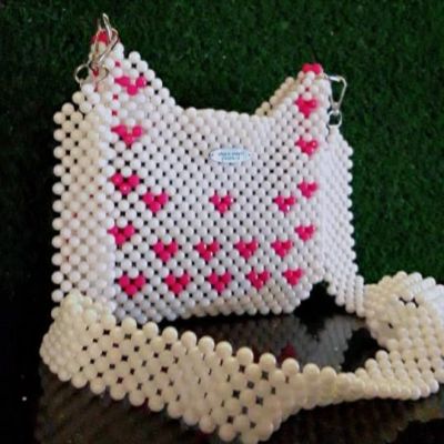 White Beads Bag * Fuchsia Hearts