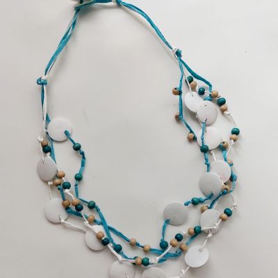 Wooden beads and reaffia necklace aqua and white 