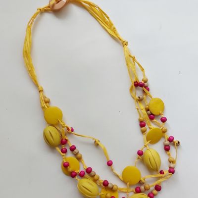 Wooden beads and reaffia necklace yellow and pink