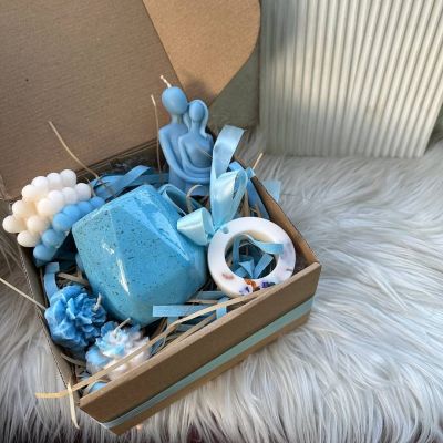 Baby Blue scented candle set with pottery cup