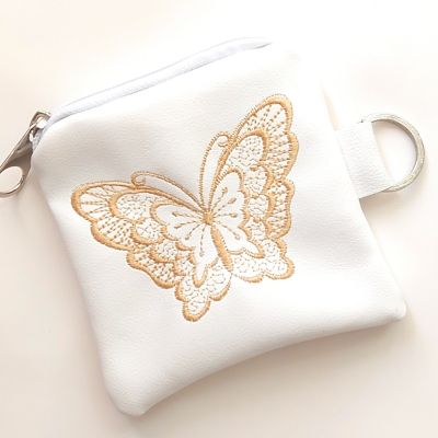 Faux leather machine embroidery key chain coin purse white butterfly 