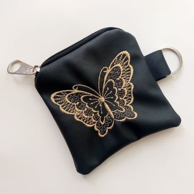 Faux leather machine embroidery key chain coin purse black butterfly 