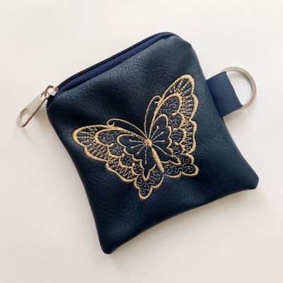 Faux leather machine embroidery key chain coin purse navy butterfly 