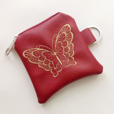 Faux leather machine embroidery key chain coin purse dark red  butterfly 