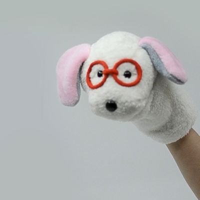 Plush dog hand puppet with eye glasses