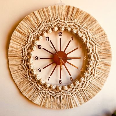 Wall clock with macrame frame