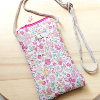 Mobile bag fabric and denim flower pink