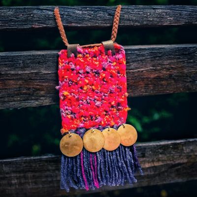 Crochet necklace embroidered metal pendants