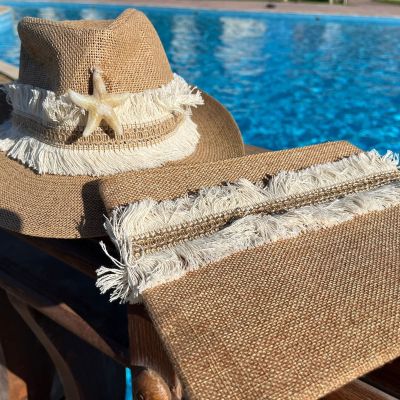 Jute clutch and cowboy hat 