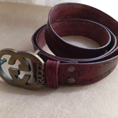 Genuine leather belt, burgundy color