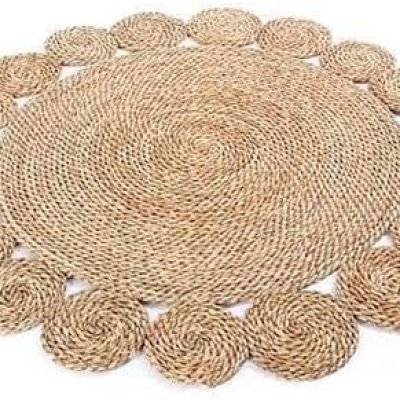 Natural Halfa Round Rug 1m Diameter, Hand Woven Botanical Rug, Eco-Friendly Bohemian Style Rug for Living Room