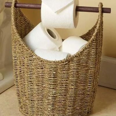 Luxury bathroom tissue basket with a wooden stick - handcrafted from natural rush plant - bohemian design.