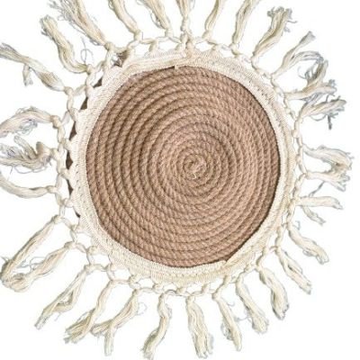 Handcrafted Round Coaster Adorned with Natural Macrame, 25 cm – Made from Eco-Friendly Natural Materials, Featuring a Unique Sun-Inspired Design with Burlap and Macrame Fringe, Boho Home Décor Piece.