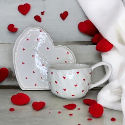 Handmade heart porcelain mug and plate